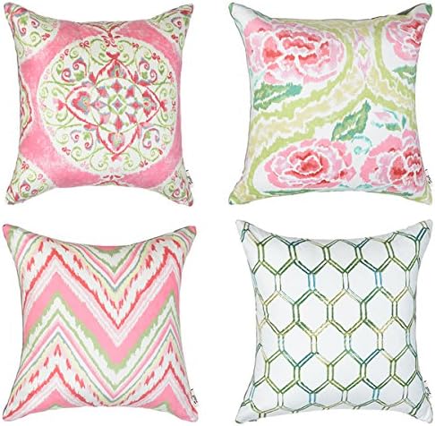 FINET Velvet Throw Pillow Covers For New Living Garden Series,Floral Geometric Square Print Decorative Zippered Protectors Cushion Covers, 18" X 18"(45x45 cm),Pack Of 4(Pink)