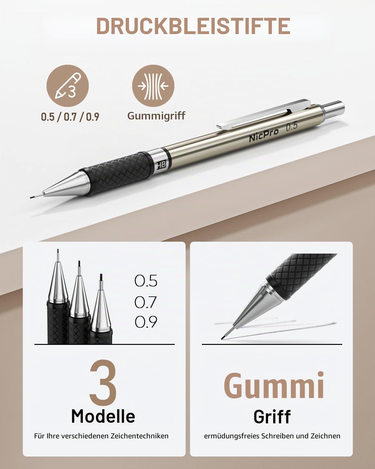 Nicpro 30 Stück Kunst Druckbleistifte Set mit Ledertasche, Metall Bleistifte 0,5, 0,7, 0,9, 2 mm mit 16 Tuben (6B 4B 2B HB 2H 4H CR) Minen (Schwarz und Farben), Zeichenstifte für Skizzieren, Zeichnen 3