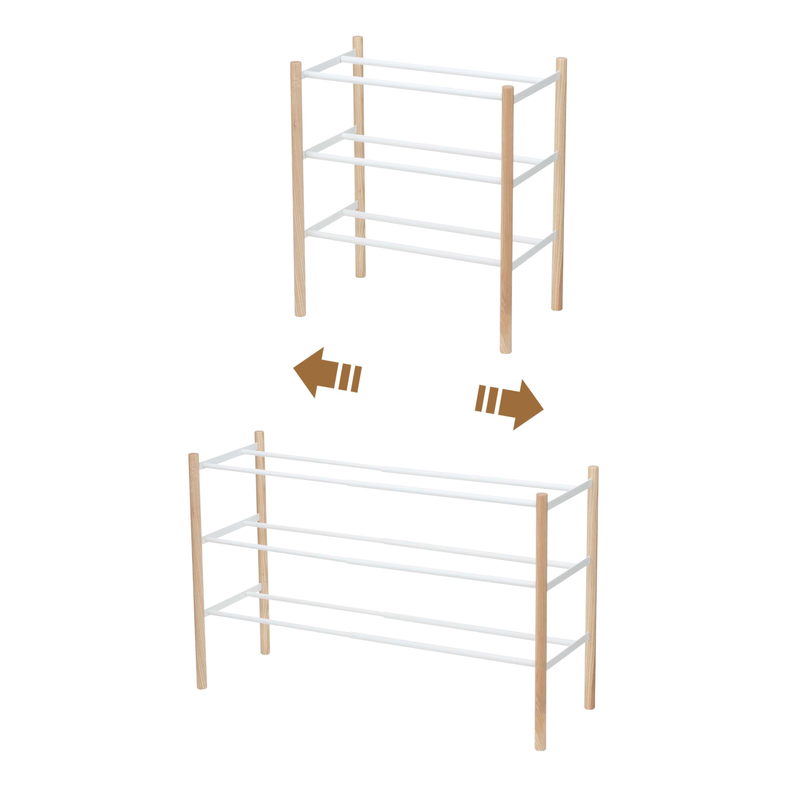 Yamazaki 3518 PLAIN 3-Tiered Extendable Shoe Rack, white, Steel/Wood, Minimalist, 41～70 x 25 x 45.5 cm