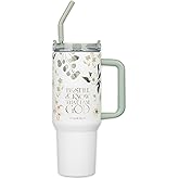Christian Art Gifts Extra Large Stainless Steel Double Wall Vacuum Insulated Travel Tumbler for Women: Be Still Inspirational Scripture, Lid, Reusable Straw, Wide Handle, White & Teal Floral, 40 oz.