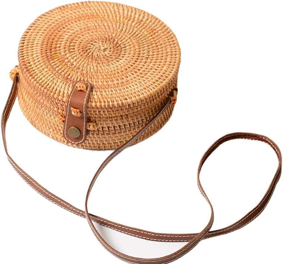 HEIRAO Round Rattan Straw Bag Retro Summer Crossbody Bag Leather Strap Adjustable Wicker Basket Beach Bags for Women Girl Beach Travel