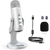 ZealSound USB Microphone,Condenser Computer PC Mic,Plug&Play Gaming Microphones for PS 4&5.Headphone Output&Volume Control,Mic Gain Control,Mute Button Vocal,YouTube Podcast on Mac&Windows(Silver)