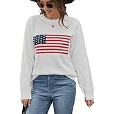 Women's American Flag Sweater Top Long Sleeved Round Neck Casual Knit Loose Pullover top