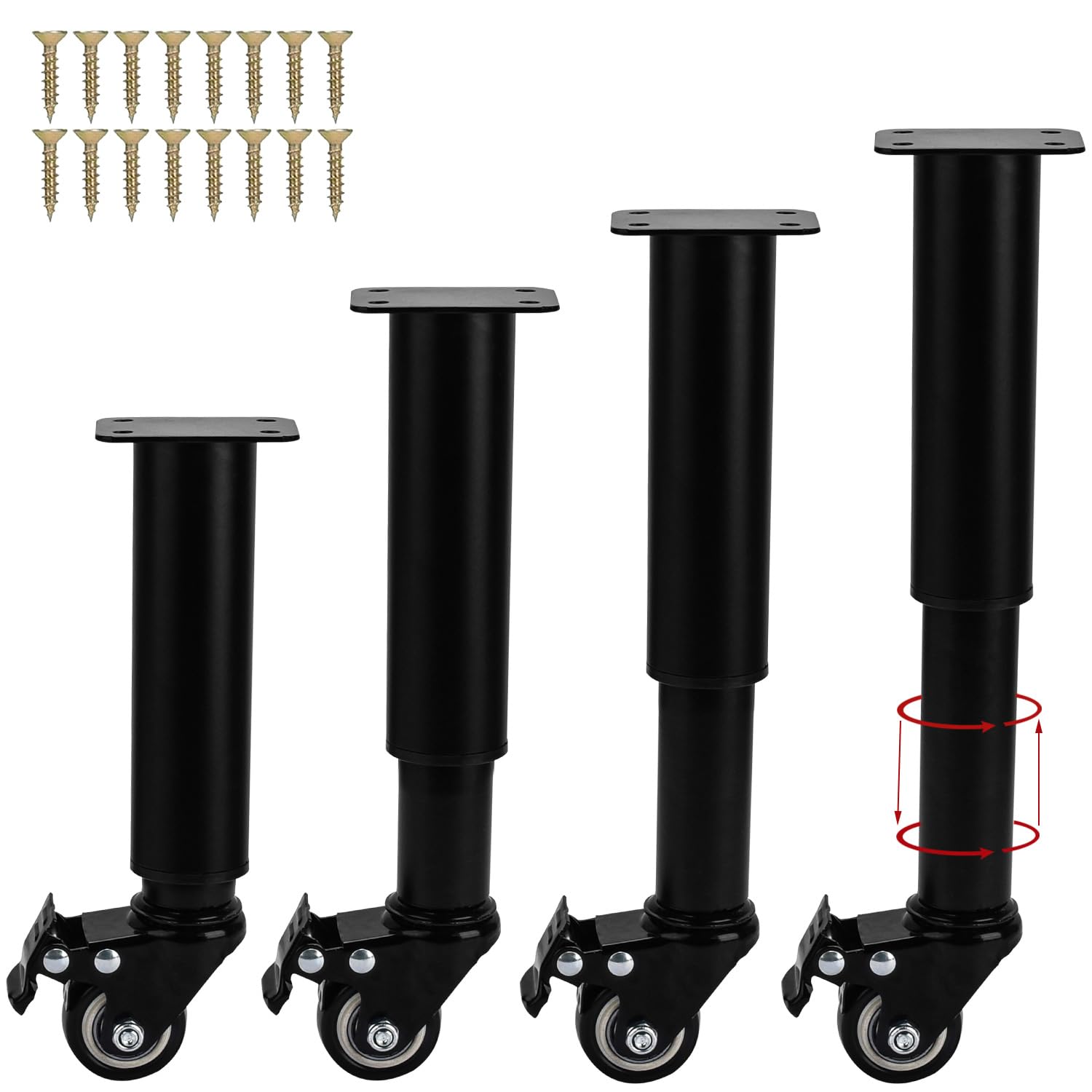 TCHOSUZ 6 Inch / 14-16cm Adjustable Metal Furniture Legs with Casters Wheels, Set of 4 Heavy Duty Bed Frame Center Slat Support Legs DIY Replacement Feet for DIY Cabinet Sofa Couch TVstand Desk Black