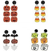 Pingyongchang 4 Pairs Halloween Acrylic Earrings for Women Cute Pumpkin Ghost Bat Corn Candy Lightweight Gothic Long Dangle Drop Earrings Halloween Costume Party Accessories