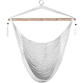 Lazy Daze Hammocks Hanging Chair Caribbean Swing Chair Hammock Chair w/Soft-Spun Cotton Rope, 40" Hardwood Spreader Bar Wide Seat, Max 300 Pounds, for Indoor Outdoor Garden Yard, White