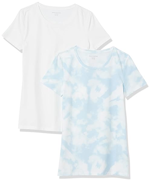 Amazon Essentials Women's Regular-Fit Short-Sleeve Crewneck T-Shirt, Pack of 2, Blue Tie Dye/White, Small