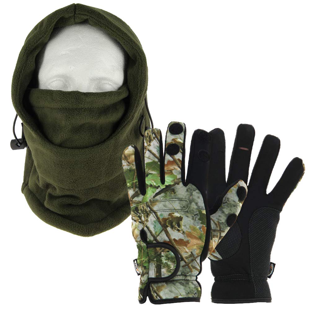 DNA Cold Weather Carp Fishing Fleece Lined OD Green Adjustable Snood with Gloves (Medium, Large or Extra Large - You Pick) (XLarge Gloves)
