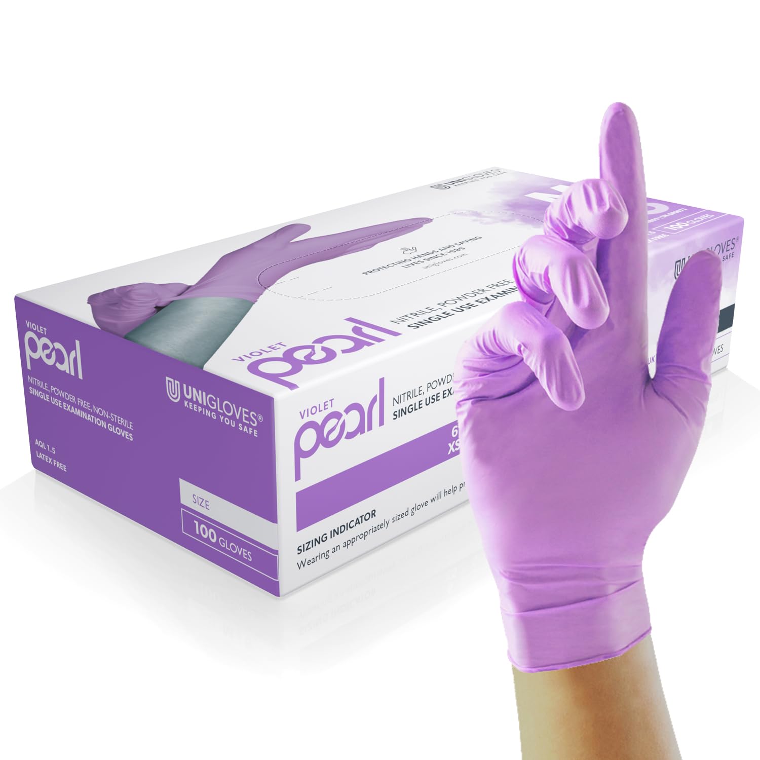 Unigloves Violet Pearl Nitrile Examination Gloves - Multipurpose, Powder Free and Latex Free Disposable Gloves - Box of 100 Gloves, Violet, Medium (GP0073)