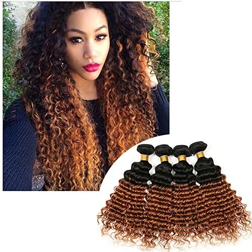 Shengqi Hair 8A Ombre Deep Wave Bundles Virgin Hair Two Tone Curly Weave Human Hair 4 Bundles Brazilian Deep Wave Virgin Human Hair Weave (12 14 16 18inches)