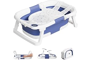 napei Collapsible Baby Bathtub,Baby Bath Tub with Soft Cushion & Thermometer,Baby Bathtub Newborn to Toddler 0-36 Months,Portable Travel Baby Tub,Blue