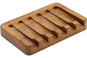 Soap Dish with Slanted Waterfall Design by HTB, Bar Soap Holder Teak Wood, Soap Saver for Shower, Bathroom, Sink, Kitchen and Countertop