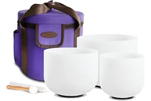 Siceeoly Set of 3 Singing Bowls 8-12 inch 8"B 10"F 12"C Frosted Chakra Quartz White Crystal Sound Healing Crystal with 1 Trav