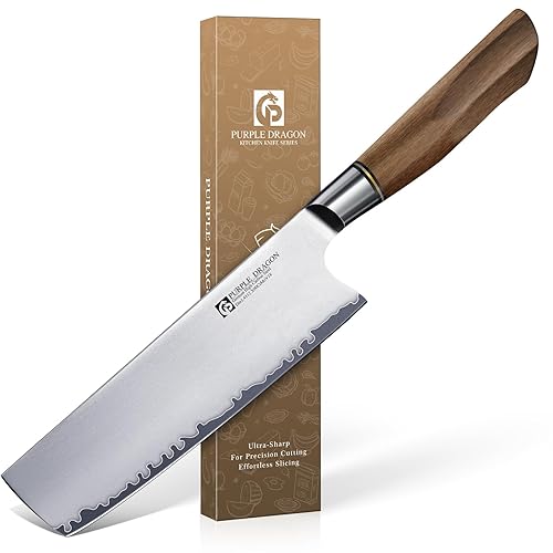 Purple Dragon Nakiri Knife, 7 Inch Meat Cleaver, German Vg10 Steel Japanese Kitchen Knife for Meat Cutting Chopping Dicing Vegetables, Ergonomic Wooden Handle, Gift Box