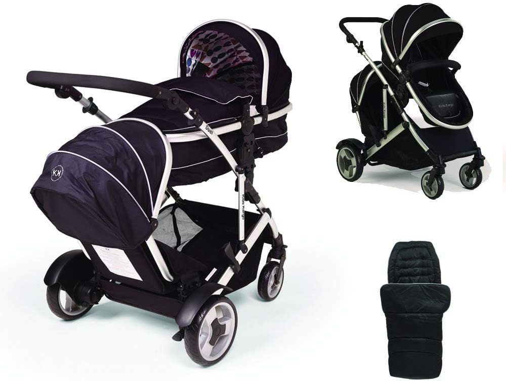 Kids Kargo Duel DS + Carrycot Liner/Mattress Insect net Carrycot Converts to Seat Unit. Also Includes 2 Raincovers, 1 Footmuff, Midnight Black, Double Tandem Pushchair