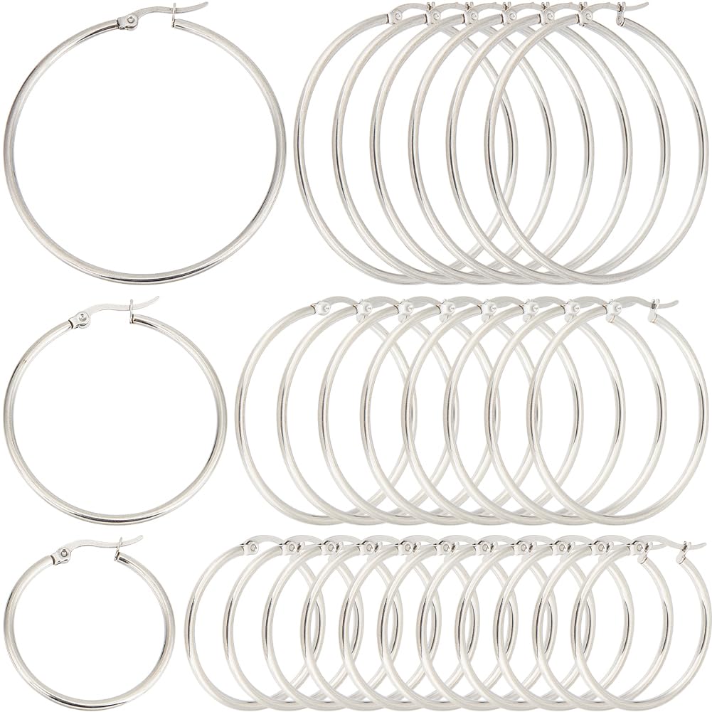 SOFPLATE 1 Box 30 Pairs 3 Style Hoop Earring Findings Round Earring Beading Hoops Silver Hypoallergenic Stainless Steel Large Earrings Open Dangle Earring Hoops for jewellery Making Supplies DIY Craft