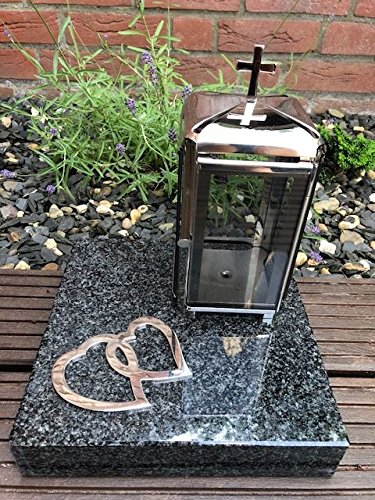 Grablaterne und zwei Herzen aus Edelstahl inklusive Granitsockel Impala 25cm x 25cm x 5cm Lampe mit Sockel und Relief Herzen 