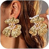 Gold Chunky Cluster Pearls Flowers Earrings for Women Dangling Boho Large Floral Drop Dangly Earring Vintage Oversized Petal Jewelry Faux Pearl Accessories