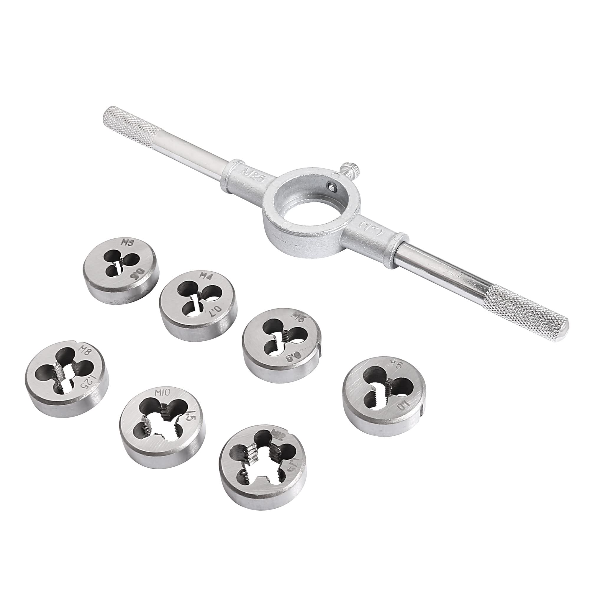 sourcing map 8pcs Round Die Stock Handle Wrench Set, M3 M4 M5 M6 M8 M10 M12 Metric Threading Dies & 25mm (1") Die Holder for Bolt Thread Repair