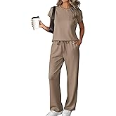 ATHMILE Two Piece Sets for Women Casual Summer Travel Outfits Cap Sleeve Vacation Cap Sleeve Wide Leg Pants Lounge Set