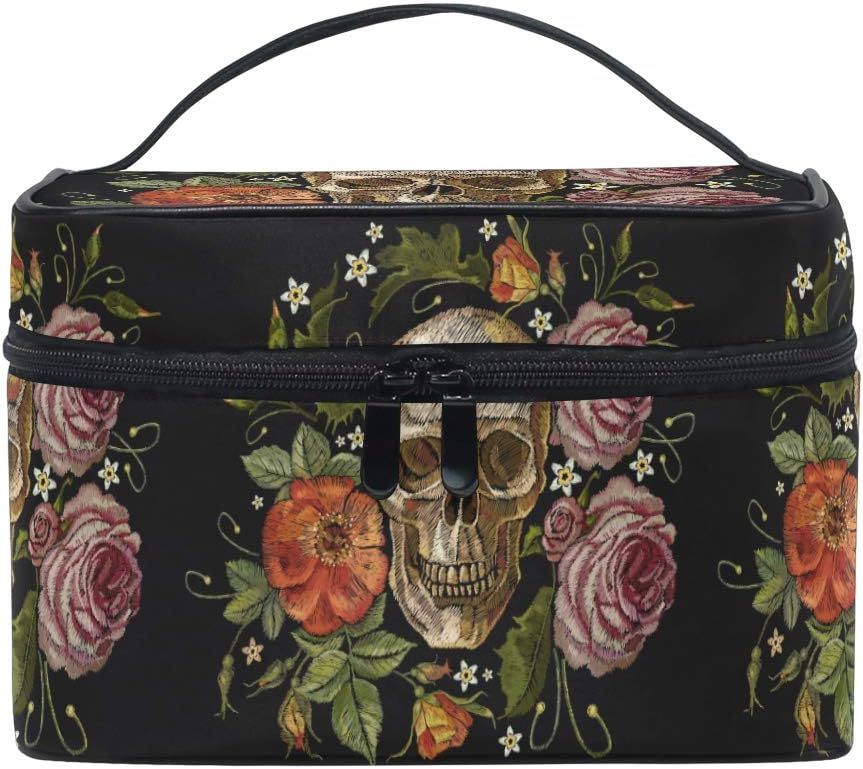 Emoya Cosmetic Makeup Bag Gothic Skull Red Roses Peonies Travel Cosmetic Bag Makeup Organizer Case Pouch for Men Women Girls