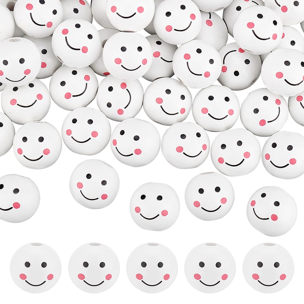PH PandaHall 60pcs Smile Face Wooden Beads, 1" Natural Wood Beads White Loose Beads with Face Large Hole Beads for Garland Wreath DIY Key Chain Angel Craft Jewelry Making, 5.5mm Hole