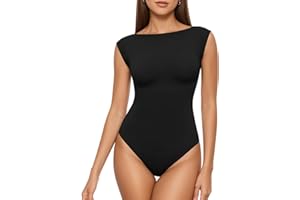 MANGOPOP Women's Boat Neck Double Lined Bodysuits Cap Sleeve Thong Basic Tank Body Suit Fitted Going Out Tops 2026