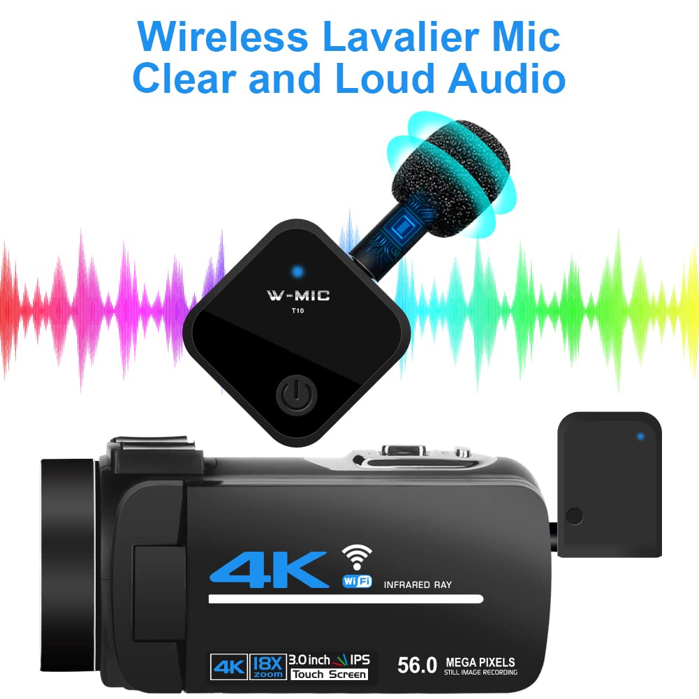 KOMERY Video Camera 4K Camcorder 56MP Video Camera for YouTube with Wireless Lavalier Mic Upgraded Fill Light Video Camera Camcorder with 2.4G Remote IR Night Vision, 18X Digital Zoom