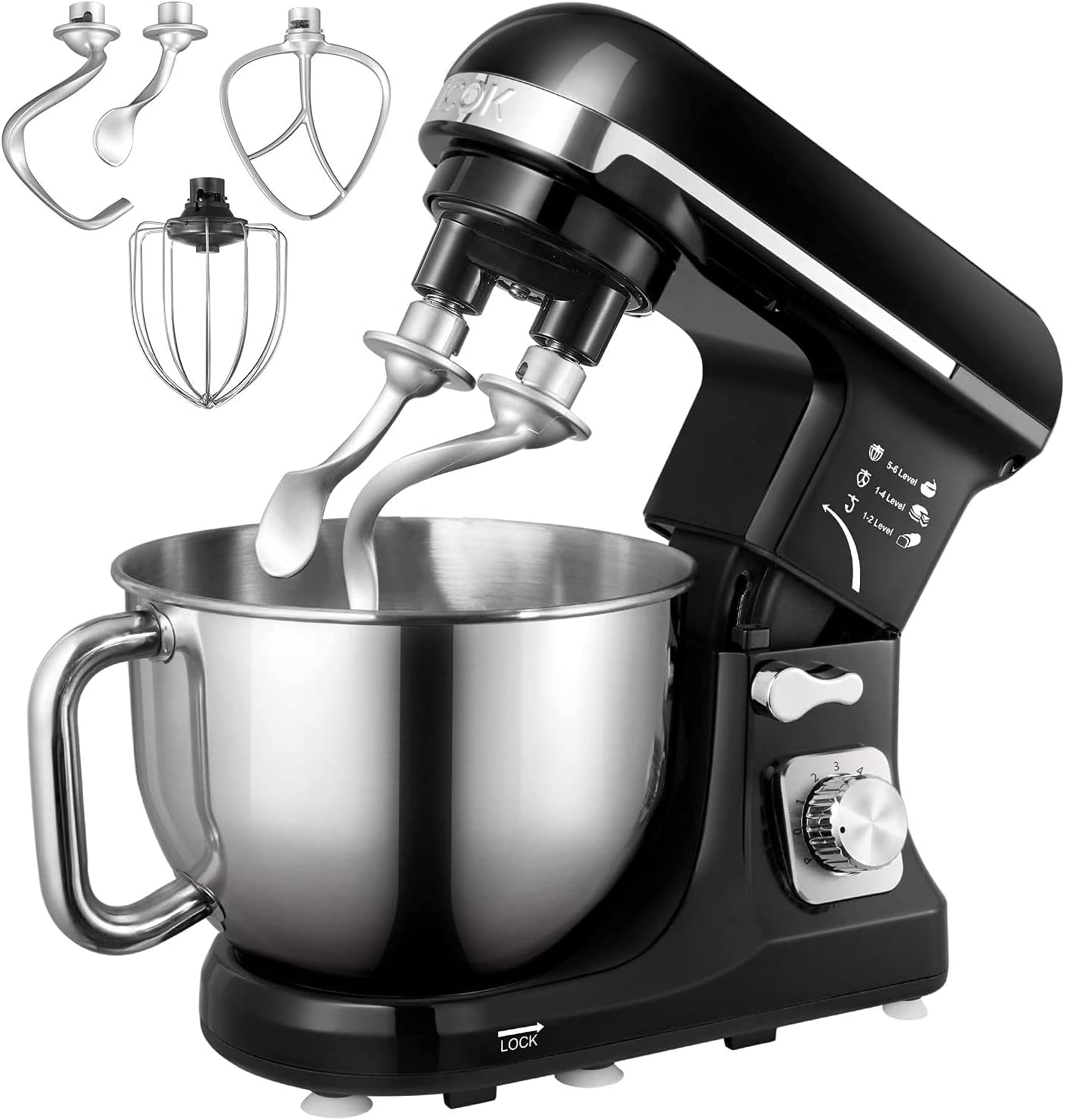 Stand Mixer, 5.5 Qt Dough Mixer with Double Dough Hooks, Whisk, Beater, Stainless Steel Bowl, 6 Speeds Tilt-Head Food Mixer, Kitchen Electric Mixer with Pouring Shield, Black