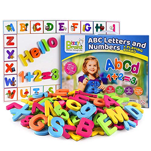 BizzyBrainz Alphabet Magnets + Magnetic Board / Magnetic Letters and Numbers for Toddlers Includes eBook with 35+ Learning & Spelling Games / ABC Magnets