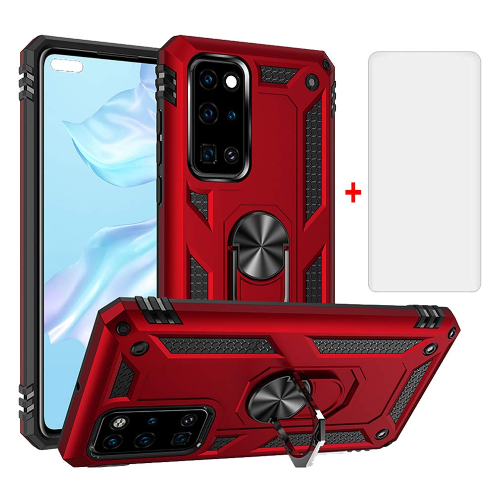 Phone Case for Huawei P40 with Tempered Glass Screen Protector Cover Stand Ring Rugged Silicone Holder Hard Shockproof Heavy Duty Accessories Magnetic Metal huawei Hawaii Hwauei Haweii P 40 Men Red