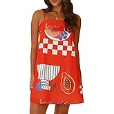 Women Boho Mini Cami Dress Graffiti Spaghetti Strap Aline Fruit Dress Cute Colofrul Short Beach Sundress