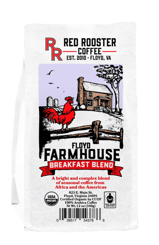 Red Rooster Coffee Roaster "Floyd Farmhouse" Medium Roasted Fair Trade Organic Whole Bean Coffee - 12 Ounce Bag