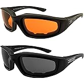 Epoch Eyewear Foam Padded Motorcycle Sunglasses 2 Pair Black Frames w/Amber Lens and Smoke Lens