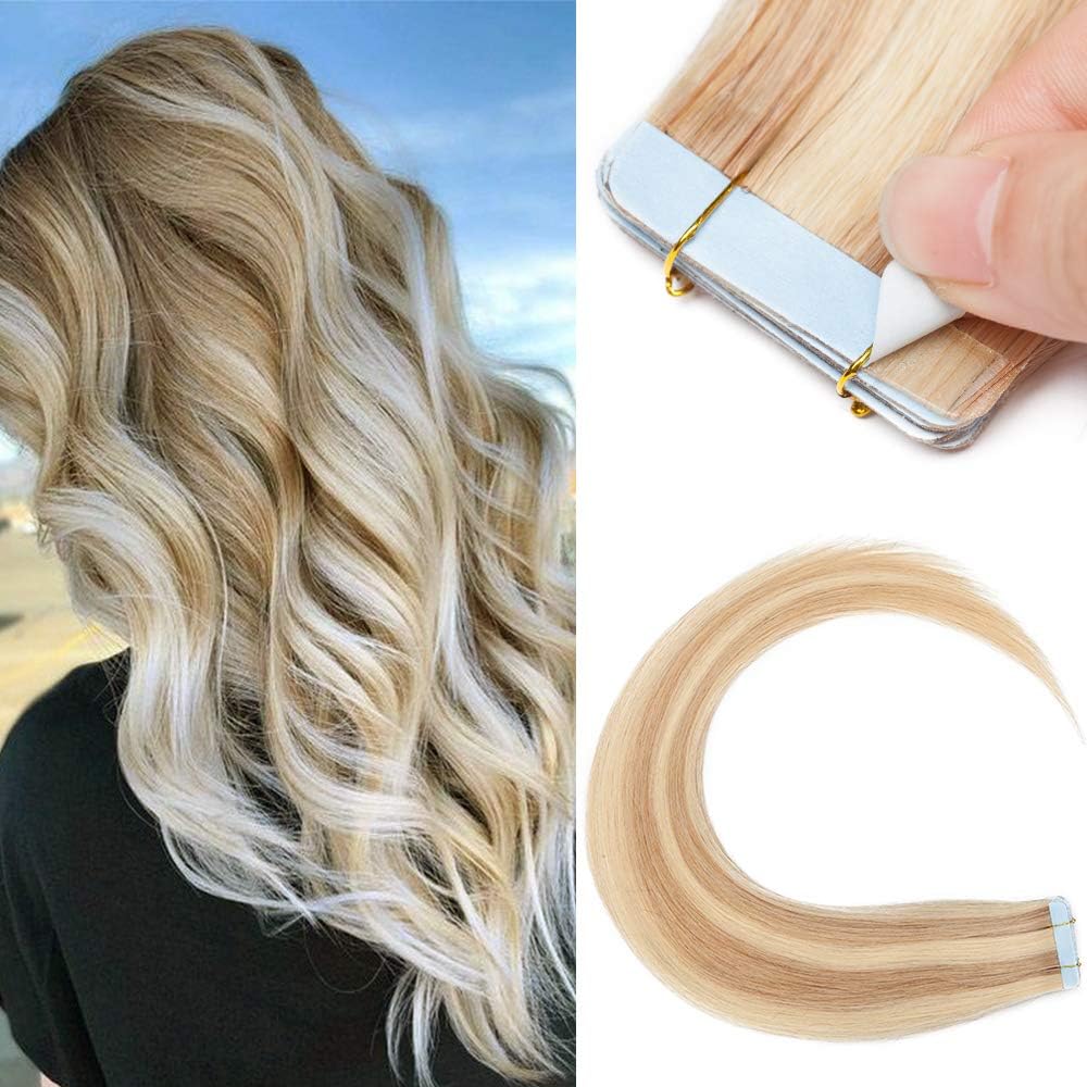 Silk-co Real Remy Tape in Straight Human Hair Extensions Silky Soft 10pcs 18inch #18P613 Ash Blonde&Bleach Blonde Balayage Seamless Tape on Hair Extension Straight Human Hair