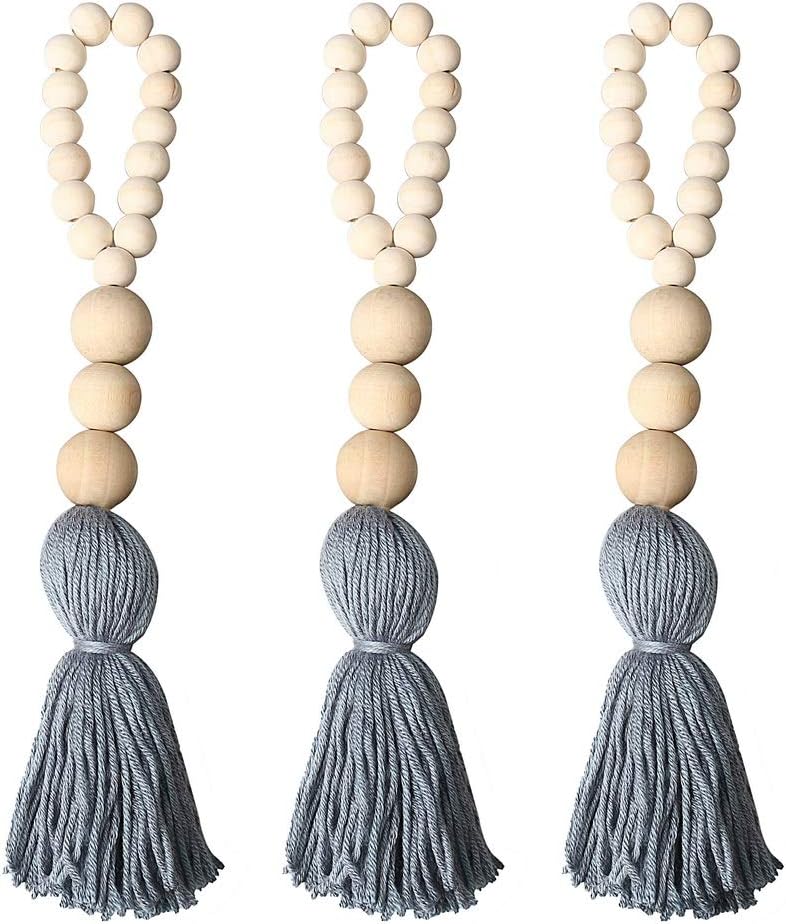 pengxiaomei 3pcs Farmhouse Beads with Tassels, Wall Hanging Decor Wood Bead Graland Natural Prayer Beads