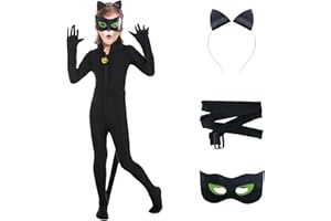 4PCS Cat Costume for Girls Onesie Black Cat Outfit Animal Jumpsuit with Accessories Halloween Cosplay Parties Costume