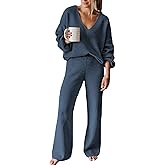 Viottiset Women's 2 Piece Outfits Casual V Neck Knit Wide Leg Sweater Lounge Set Sweatsuit
