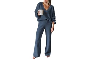 Viottiset Women's 2 Piece Outfits Casual V Neck Knit Wide Leg Sweater Lounge Set Sweatsuit