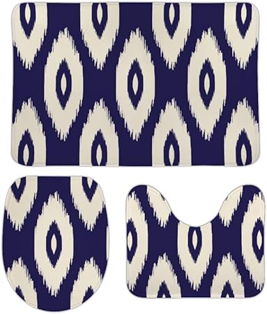 Juego de 3 alfombrillas de baño de color azul marino y marfil tribal
