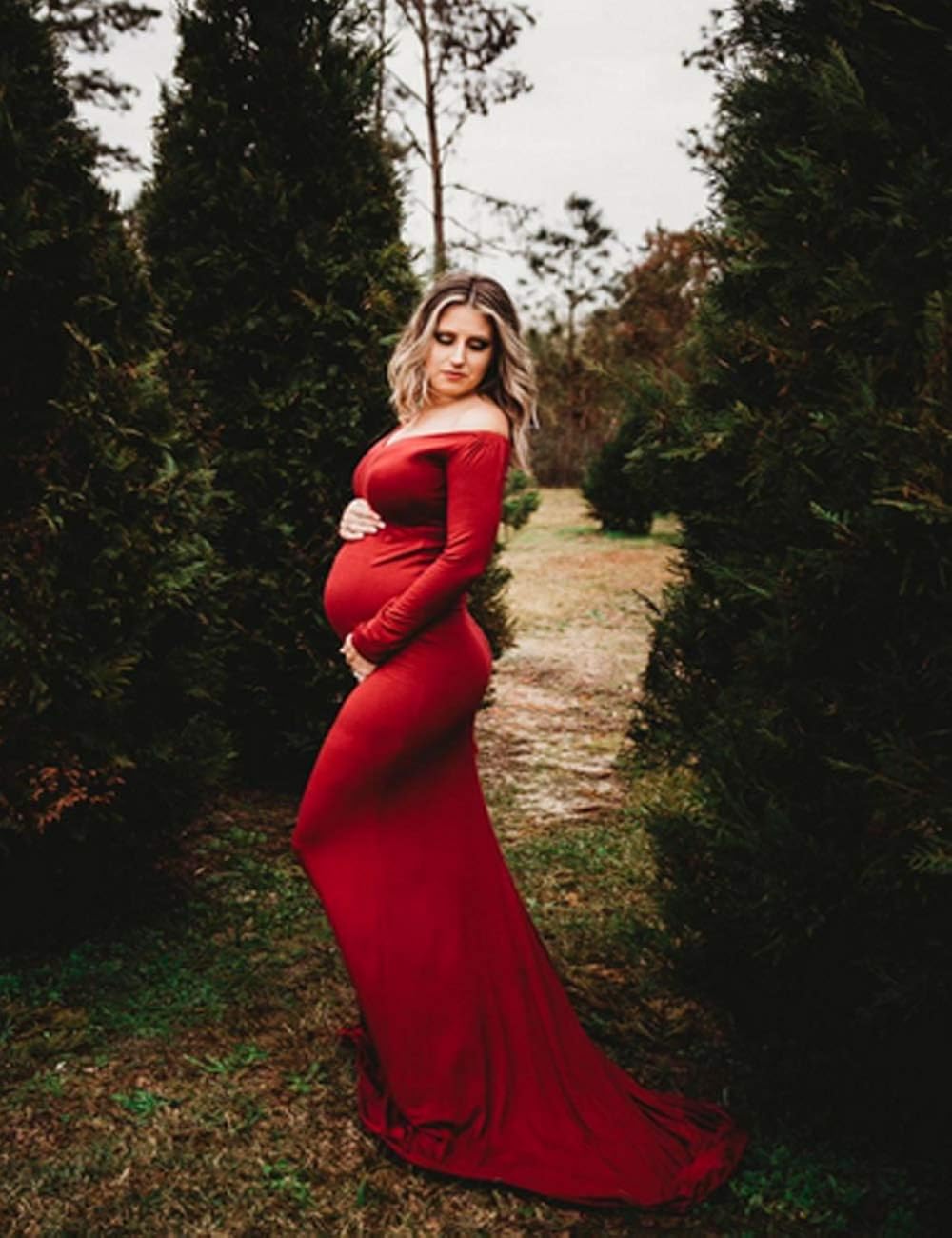 JustVH Maternity Elegant Fitted Maternity Gown Long Sleeve Cross-Front V Neck Slim Fit Maxi Photography Dress for Photoshoot at  Women’s Clothing store
