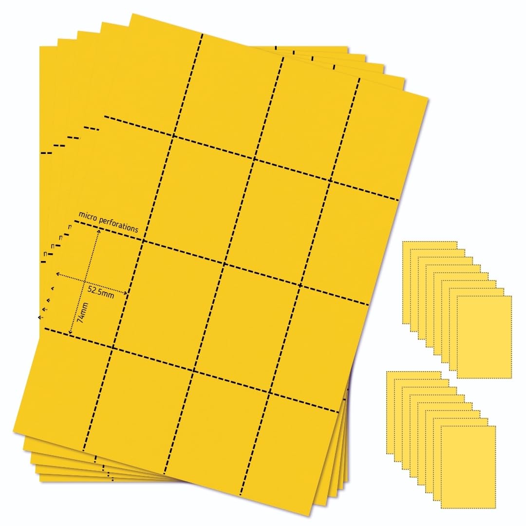 OfficeGear Yellow A8 Cards 16-up [55 Sheets - 880 Cards] Perforated Printable Record Index Study Refill Cards 52.5x74mm Yellow A4 Sheets 160gsm – incl Design Template