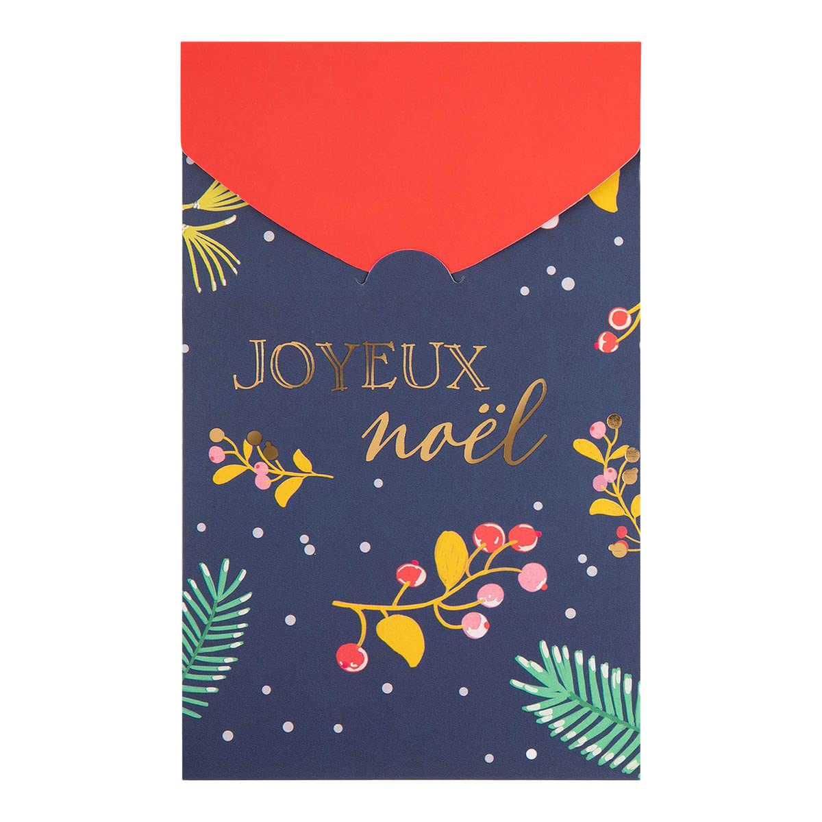 DRAEGER Paris Greeting Card Merry Christmas Blue Red | Holly Mistletoe | New Year's Eve Happy Holidays | Hot Gold Finish | 10.5 x 17 cm | Made in England | Envelope Included | FSC® Paper