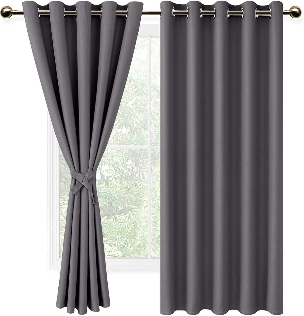 DWCN Grey Blackout Curtains 66 x 54 Two Panels with Tiebacks