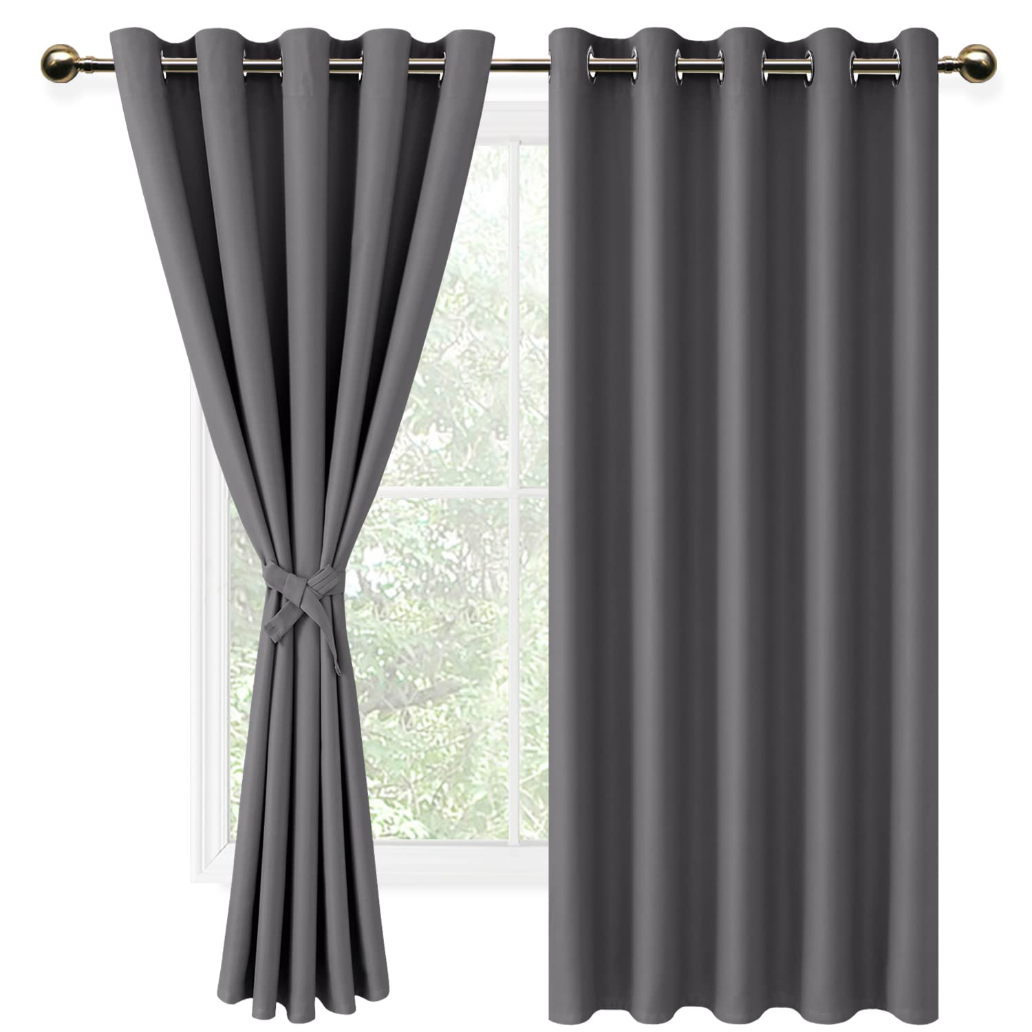 DWCN Grey Blackout Curtains with Tiebacks for Bedroom Thermal Insulated Solid Eyelet Curtains for Living Room,2 Panels,66" Wide x 54" Drop