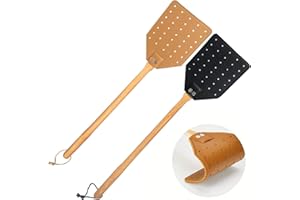 NOKIILS 19.5" Sturdy Leather Fly Swatter for Indoors, Heavy Duty Flyswatter with Durable Wooden Handle, Fly Swatters with Hanging Rope for Flies, Bees (Brown & Black)