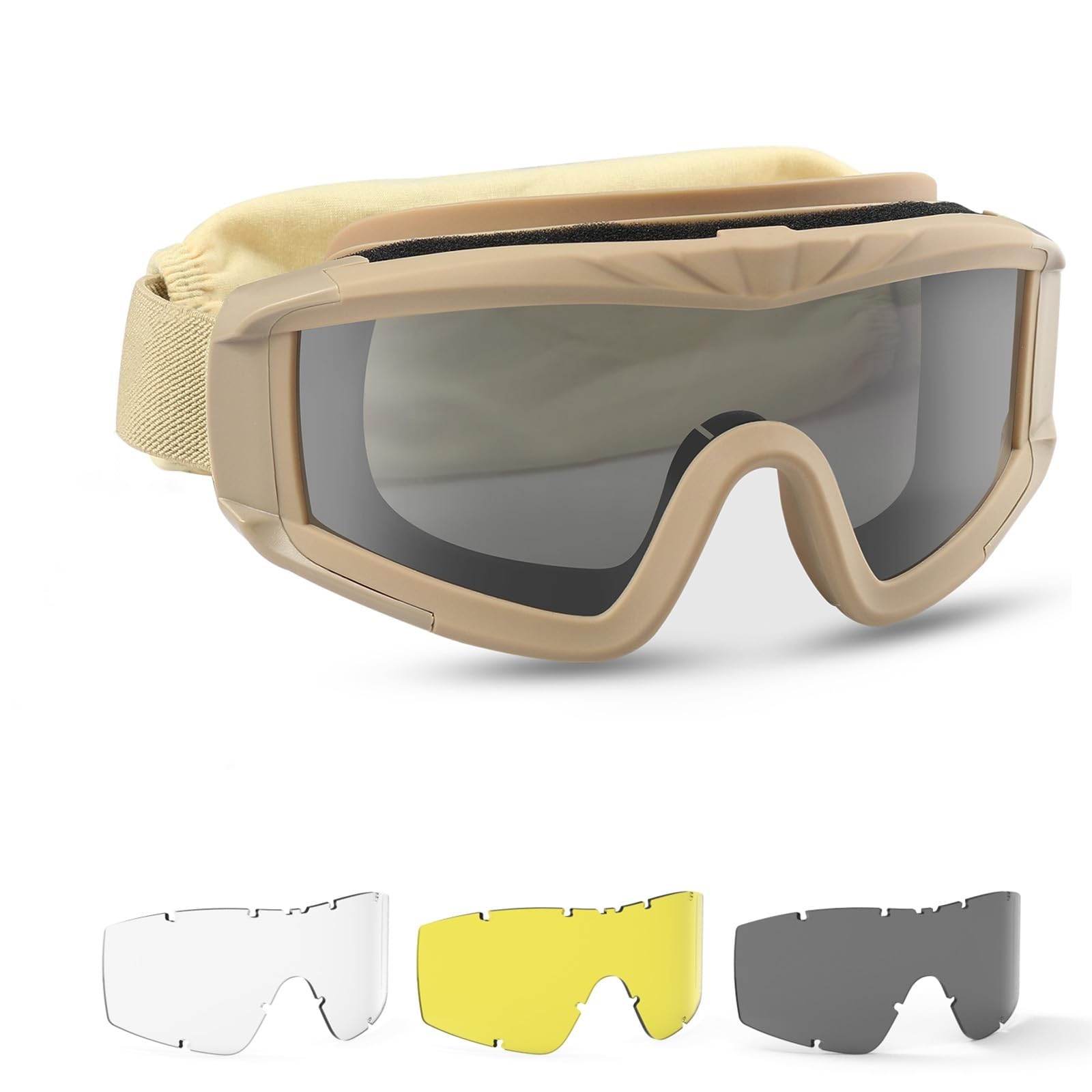 Feyachi Airsoft Goggles Tactical Military Goggles with 3 Interchangeable Lens, UV400 Protection Shooting Glasses for Men Women Anti Fog Paintball Glasses, Outdoor Shooting Hunting Cycling - Khaki