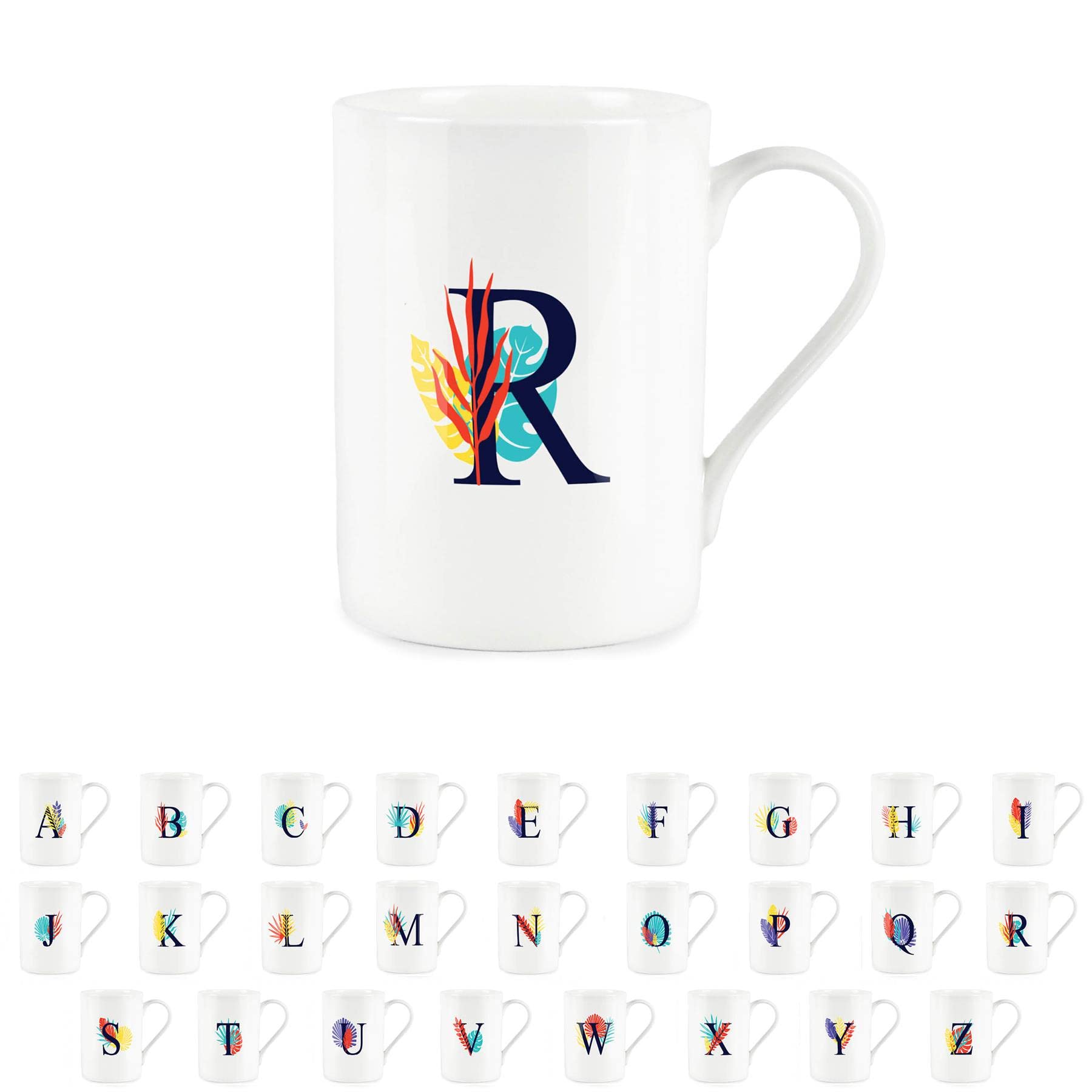 Purely Home Tropical Leaves Letter R Mug - Palm Leaf Botanical - Initials Personalised Bone China White Alphabet Mug Coffee/Tea Gift