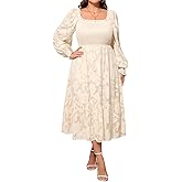Women's Plus Size Fall Dress - Wedding Guest Long Sleeve Floral Lace Aline Flowy Midi Dress