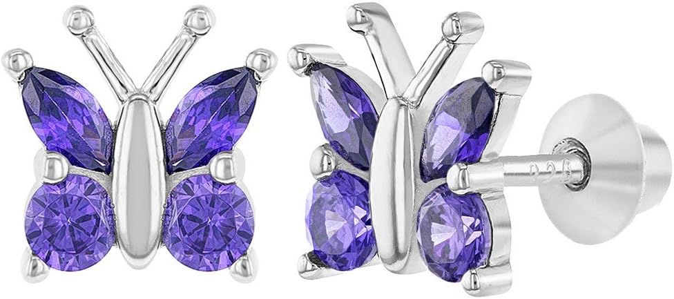 925 Sterling Silver Cubic Zirconia Butterfly Screw Back Earrings for Little Girls & Teens - Eye-catching and Fashionable Safety Stud Earrings - Sparkly and Elegant Jewelry for Girls